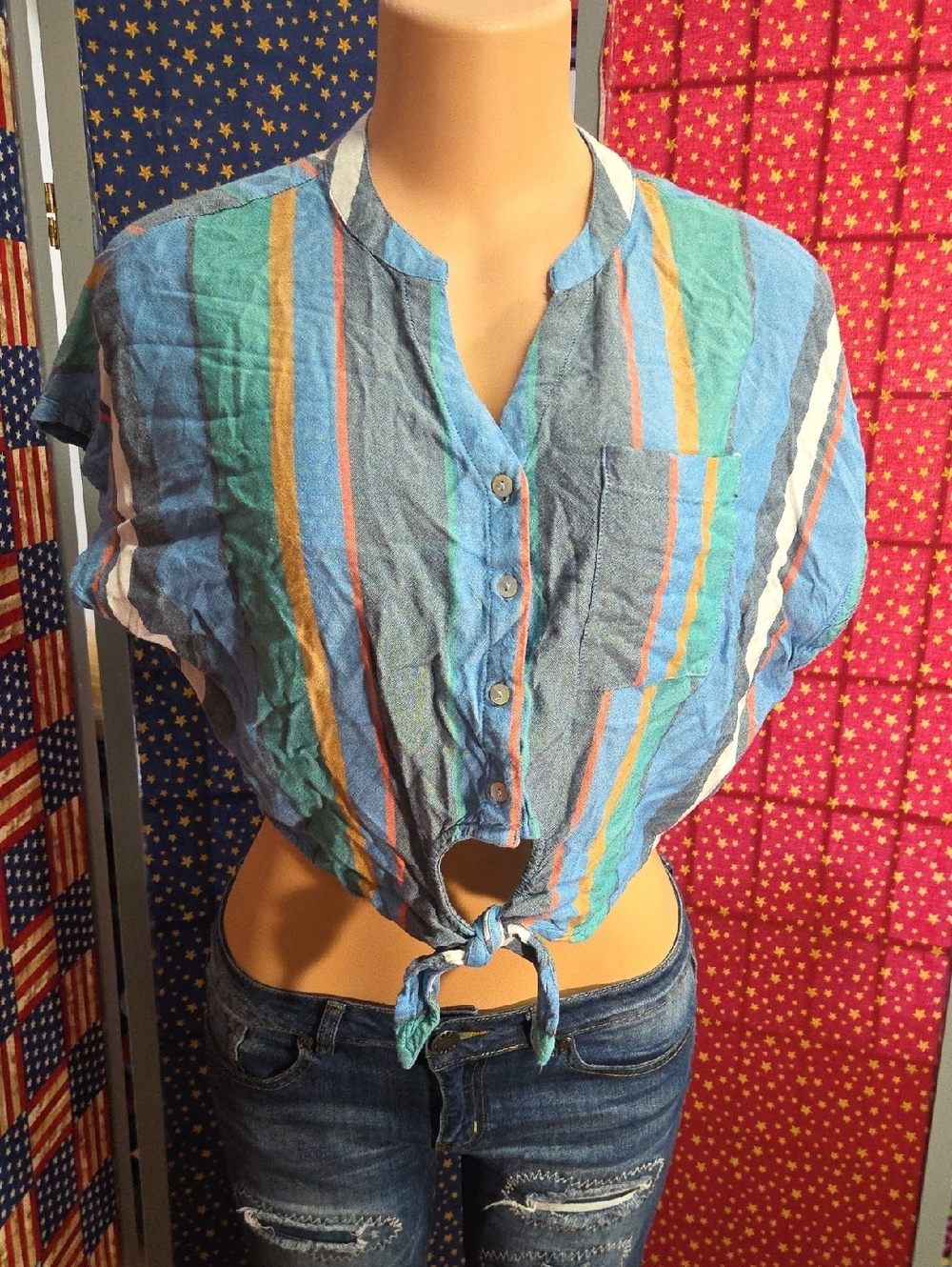 Patrons of Peace Blue Striped Tie-Front Crop Top